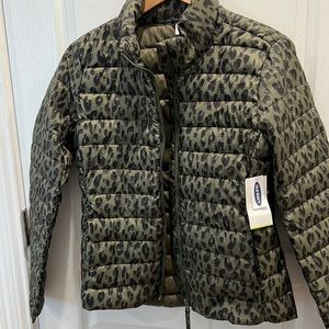 green leopard print puffer jacket from old navy